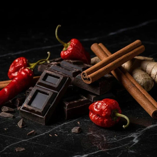 Primo piano editoriale di cioccolato fondente, stecche di cannella e peperoncino su marmo nero, stile Fantasy Food
