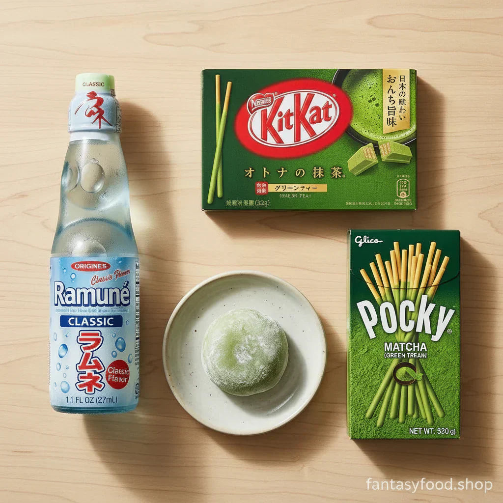 Composizione fotografica professionale di snack giapponesi cult con Ramune, Pocky e Mochi su fondo legno chiaro, shop online Fantasy Food.