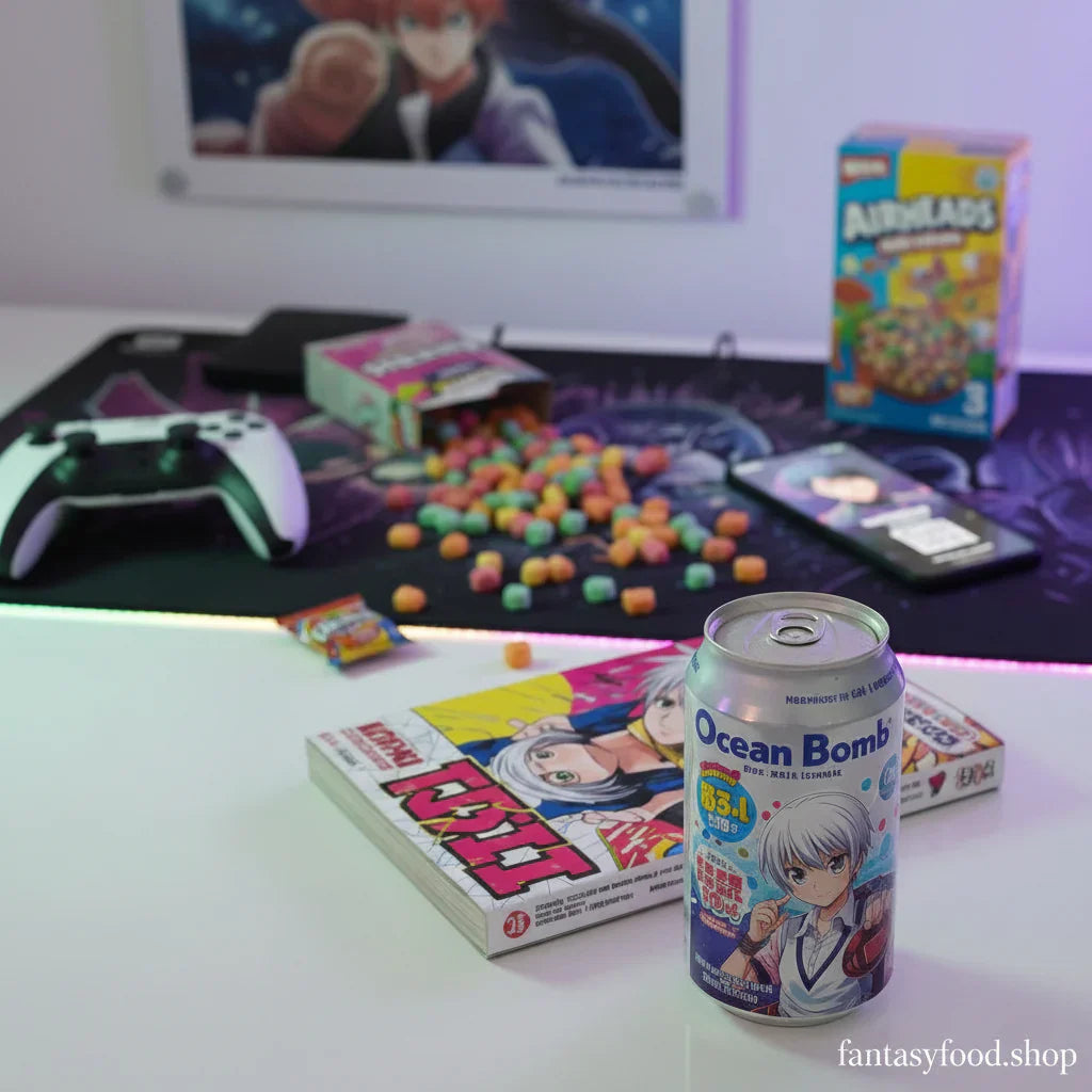 Lattina Ocean Bomb in edizione limitata anime su una scrivania da gaming con manga, snack americani Airheads e controller, atmosfera pop e luminosa per Fantasy Food.