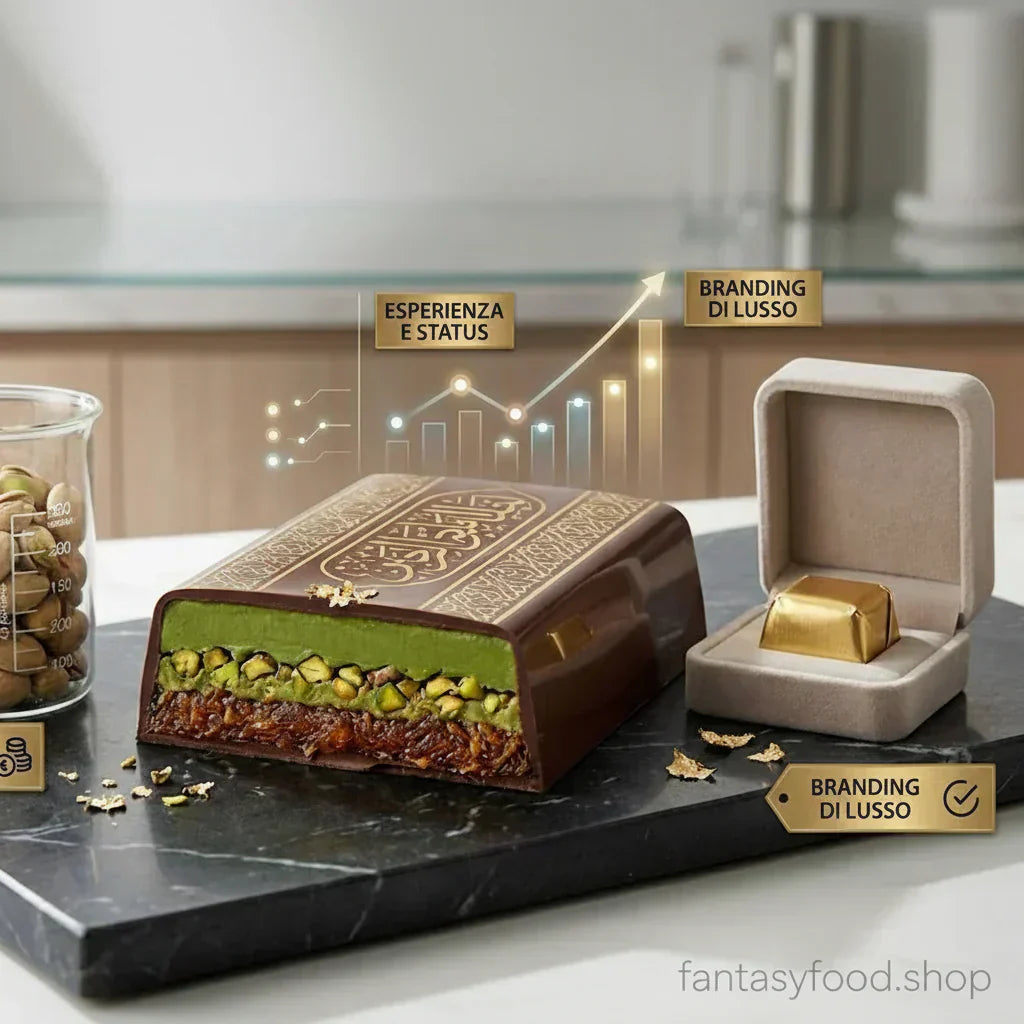 Confronto visivo cioccolato di Dubai: materie prime premium (pistacchi e datteri) e packaging di lusso in velluto. Rappresentazione del valore e dello status del brand.