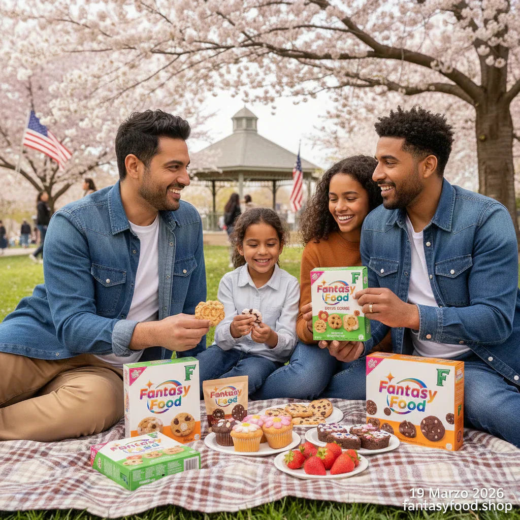 Famiglia fa picnic primaverile in USA con snack e biscotti Fantasy Food.