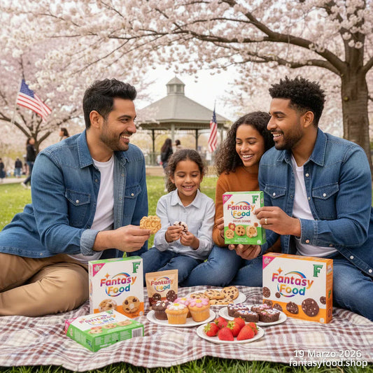 Famiglia fa picnic primaverile in USA con snack e biscotti Fantasy Food.