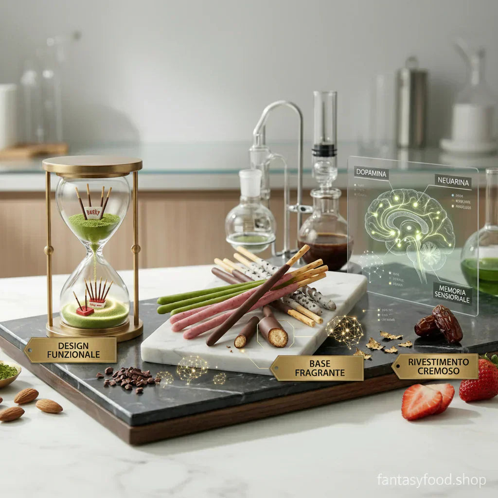 Pocky Glico misti (Cioccolato, Fragola, Matcha) a ventaglio su marmo scuro. Setup scientifico FoodLab con clessidra 'Design Funzionale' e pannello 'Base Fragrante'/'Rivestimento Cremoso'. Snack rari giapponesi.