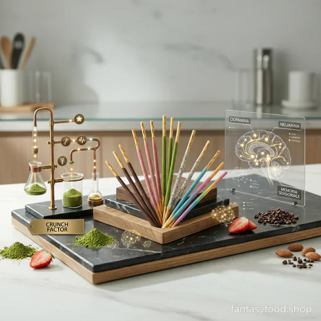Vetrina Pocky Glico misti (Cioccolato, Fragola, Matcha, Cookies) disposti a ventaglio su marmo scuro. Setup scientifico FoodLab con misuratore 'Crunch Factor' e mappa cerebrale olografica 'Dopamina'. Snack rari giapponesi.