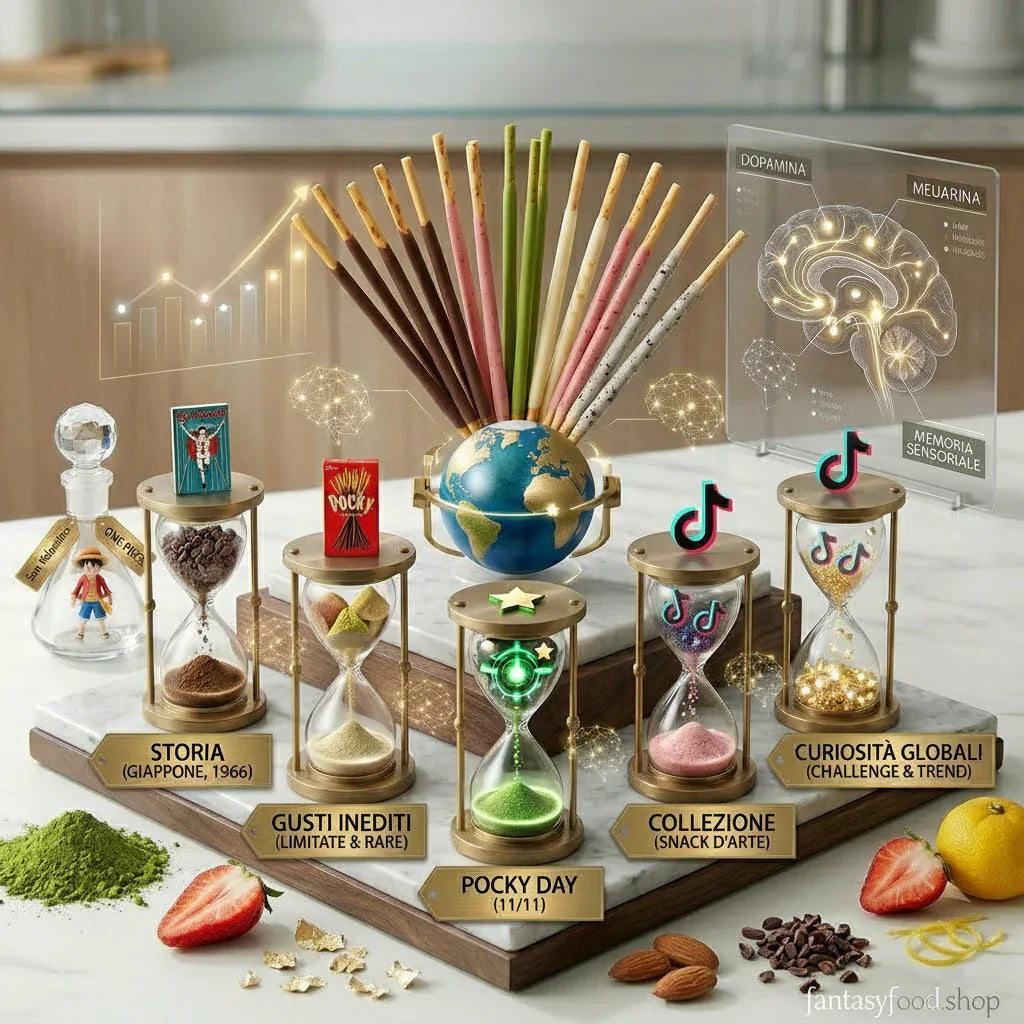 Vetrina quadrata Pocky Globali: bastoncini su mappamondo centrale e 5 clessidre dorate su marmo scuro. Etichette 'STORIA 1966', 'GUSTI INEDITI', 'POCKY DAY 11/11', 'COLLEZIONE' e 'CURIOSITÀ GLOBALI'. Analisi sensoriale quadrata FoodLab 2026.