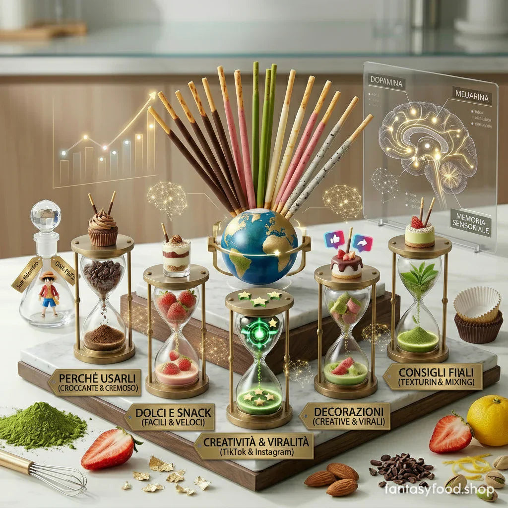 Vetrina Pocky in Cucina: bastoncini, cupcake e dessert su marmo scuro. 5 clessidre dorate per 'Perché Usarli', 'Dolci Facili', 'Decorazioni', 'Consigli'. Analisi quadrata FoodLab 2026.