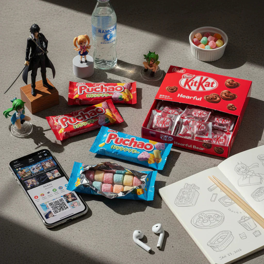 Still life editoriale di snack giapponesi Puchao e KitKat Heartful Bear su cemento grigio, con smartphone che mostra contenuti digitali e schizzi di food design, gennaio 2026.