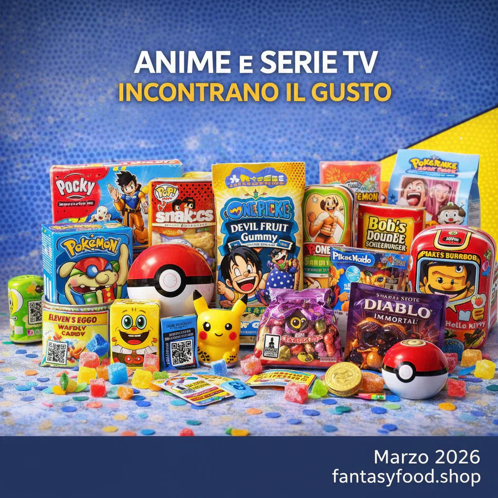 Copertina editoriale Pop Snack: assortimento di caramelle ispirate ad anime e serie TV con packaging colorato e interattivo, gadget e edizioni limitate per esperienze di consumo ludiche e collezionabili
