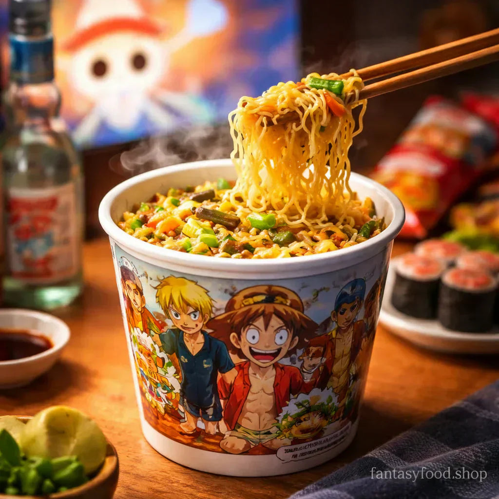 Close-up di un cup ramen giapponese con decorazioni e packaging ispirato agli anime, cultura pop e lifestyle nerd