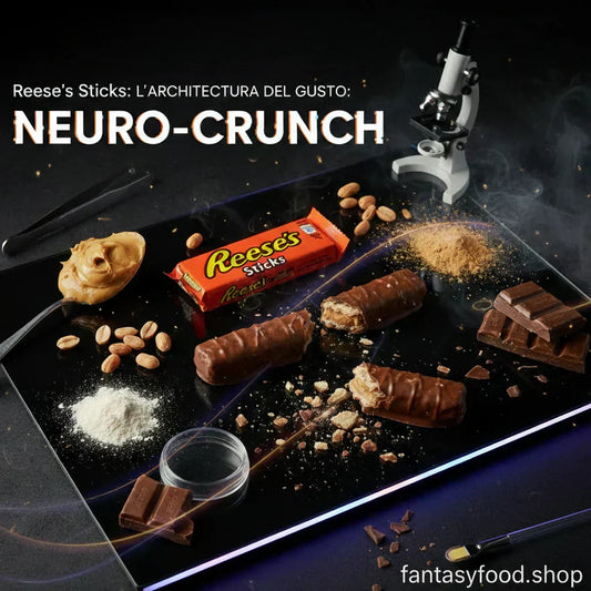 Sezione trasversale di un Reese’s Sticks da 42g che mostra i tre strati di wafer croccante alternati a crema di burro d'arachidi originale USA, su base di vetro nero con elementi da laboratorio e materie prime (arachidi, cacao, sale).