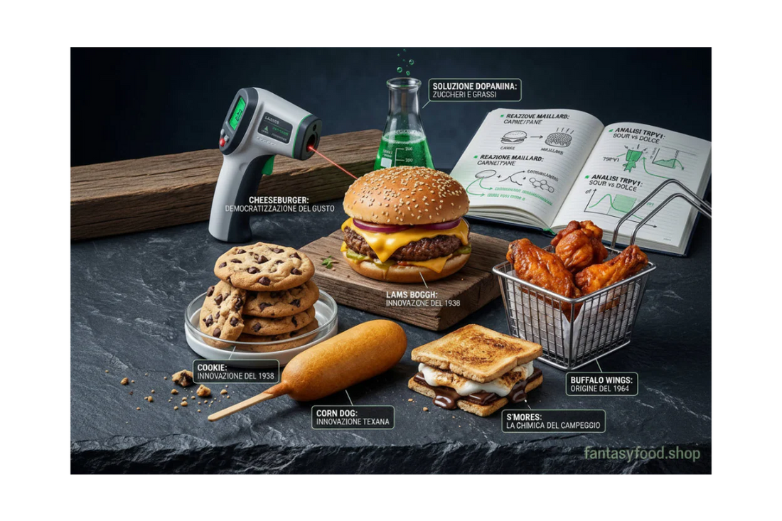 Analisi scientifica della gastronomia iconica americana al Fantasy FoodLab: cheeseburger, s'mores, corn dog e chocolate chip cookie sotto esame termico e chimico.