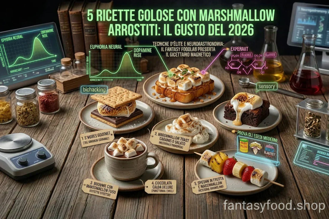Composizione artistica 1:1 di s'mores gourmet, brownies fusi e cioccolata calda deluxe con marshmallow arrostiti. Primo piano professionale ad alta risoluzione, estetica Fantasy Food Shop 2026.
