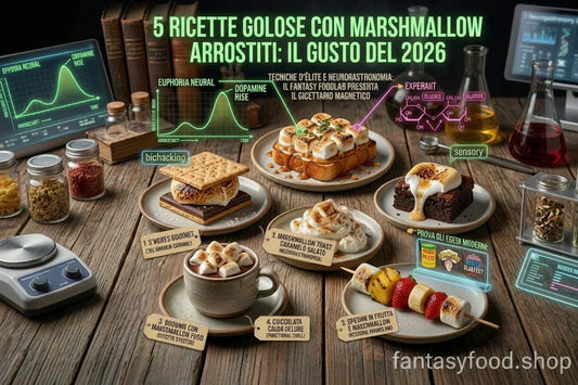 Composizione artistica 1:1 di s'mores gourmet, brownies fusi e cioccolata calda deluxe con marshmallow arrostiti. Primo piano professionale ad alta risoluzione, estetica Fantasy Food Shop 2026.