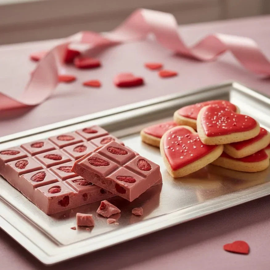 Composizione lussuosa di cioccolato rosa e snack gourmet per San Valentino 2026.
