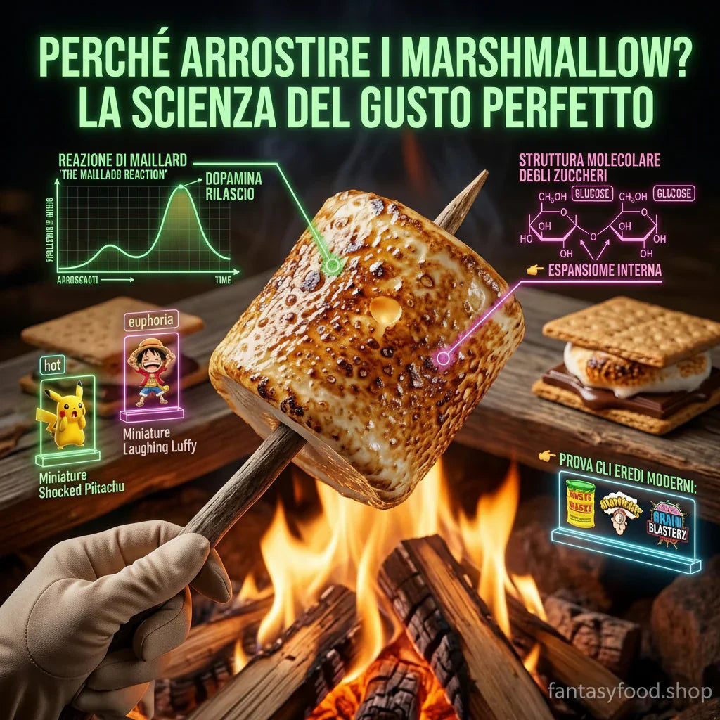 Macro 1:1 di un marshmallow perfettamente arrostito su fuoco vivo con infografica tecnica sulla Reazione di Maillard, espansione interna e struttura molecolare del glucosio. Branding Fantasy FoodLab e icone pop culture 2026.