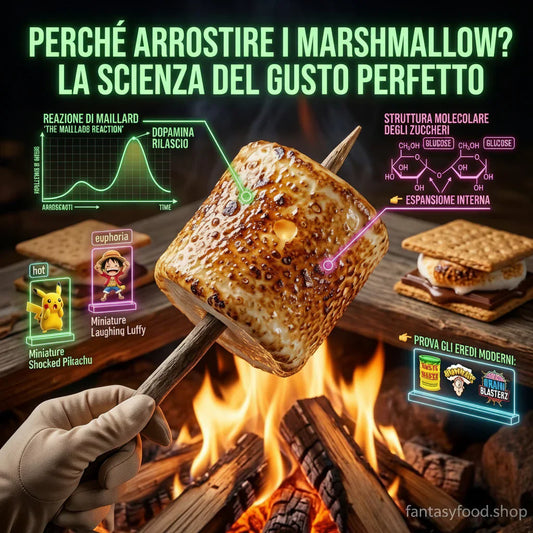 Macro 1:1 di un marshmallow perfettamente arrostito su fuoco vivo con infografica tecnica sulla Reazione di Maillard, espansione interna e struttura molecolare del glucosio. Branding Fantasy FoodLab e icone pop culture 2026.