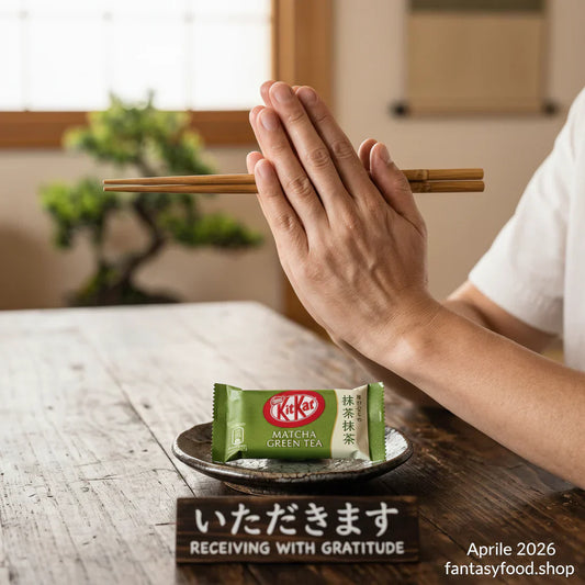 Primo piano editoriale di mani giunte nel rito Itadakimasu con bacchette e snack giapponese raro su tavolo in legno, rappresentazione della gratitudine alimentare 2026.