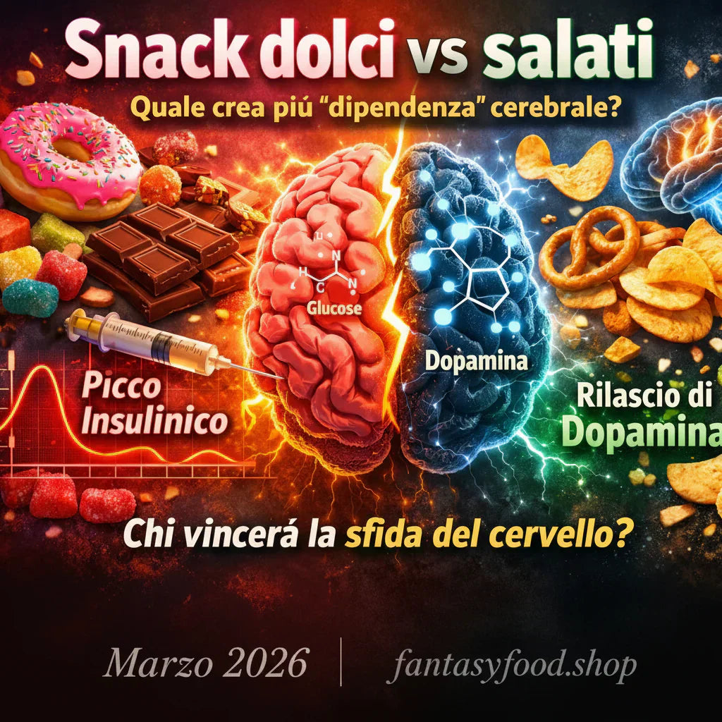 Confronto tra snack dolci e salati con cervello diviso: picco insulinico da zuccheri vs rilascio di dopamina da patatine e snack salati