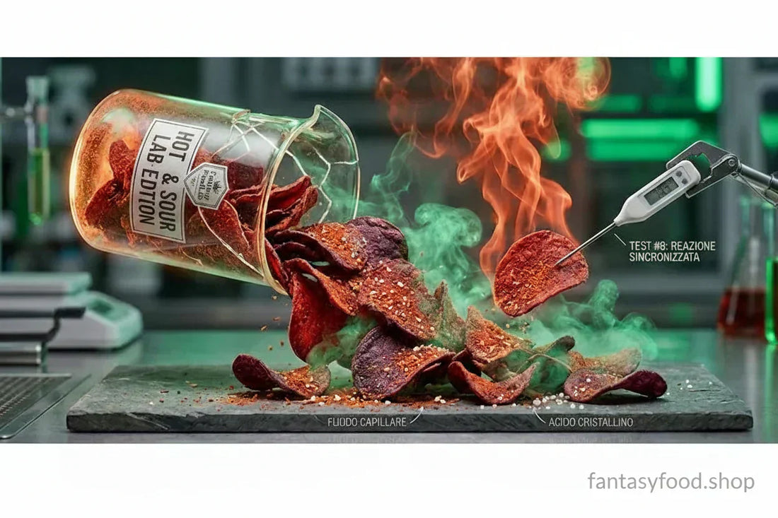Macro fotografia in laboratorio di chip piccanti e acide che sprigionano fumo rosso e verde. Reazione chimica Hot & Sour analizzata con termometro digitale al Fantasy Food Shop USA Asia