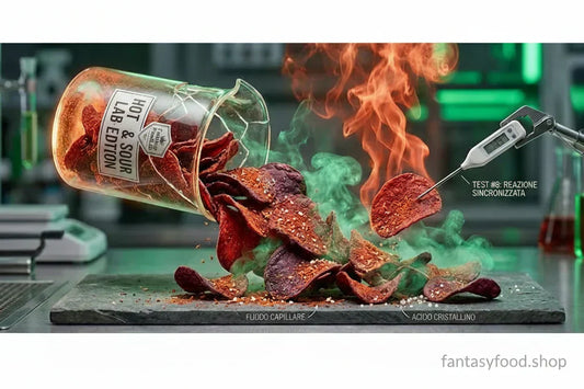 Macro fotografia in laboratorio di chip piccanti e acide che sprigionano fumo rosso e verde. Reazione chimica Hot & Sour analizzata con termometro digitale al Fantasy Food Shop USA Asia