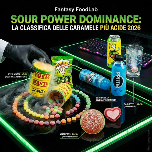 Gemini ha detto Infografica Fantasy FoodLab: confronto e classifica delle caramelle più acide del mondo 2026.