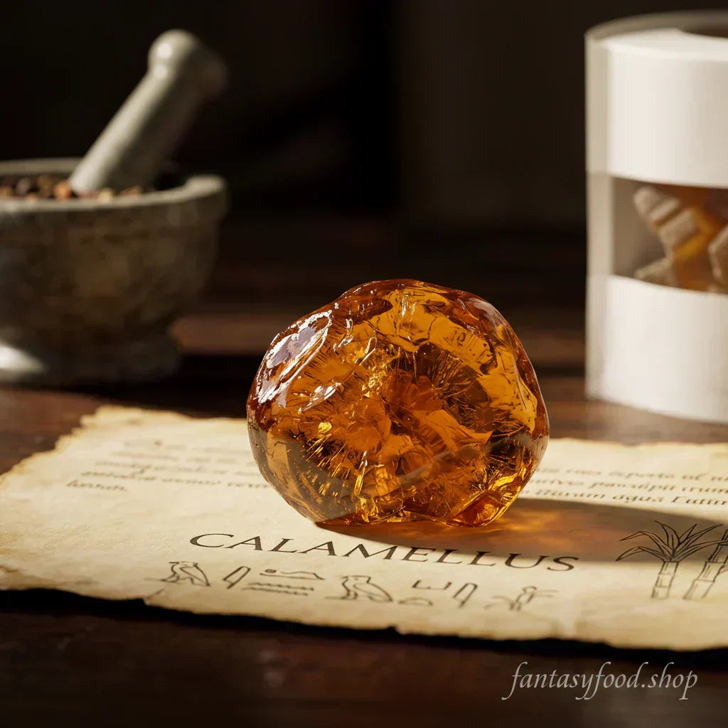 Fotografia macro di una caramella artigianale ambrata su pergamena antica con scritte in latino 'Calamellus', rappresentante l'evoluzione storica della confetteria dalle origini al 2026.