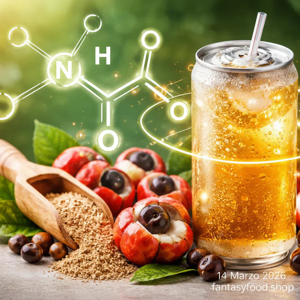 Bicchiere di energy drink con semi di guaranà e molecola di taurina, ingredienti naturali per energia e concentrazione
