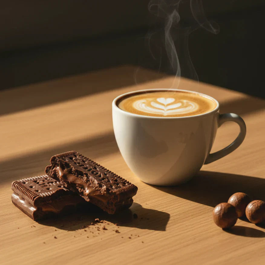 Dettaglio editoriale di biscotti al cioccolato e caffè australiano, trend snack Oceania 2026 - Fantasy Food.