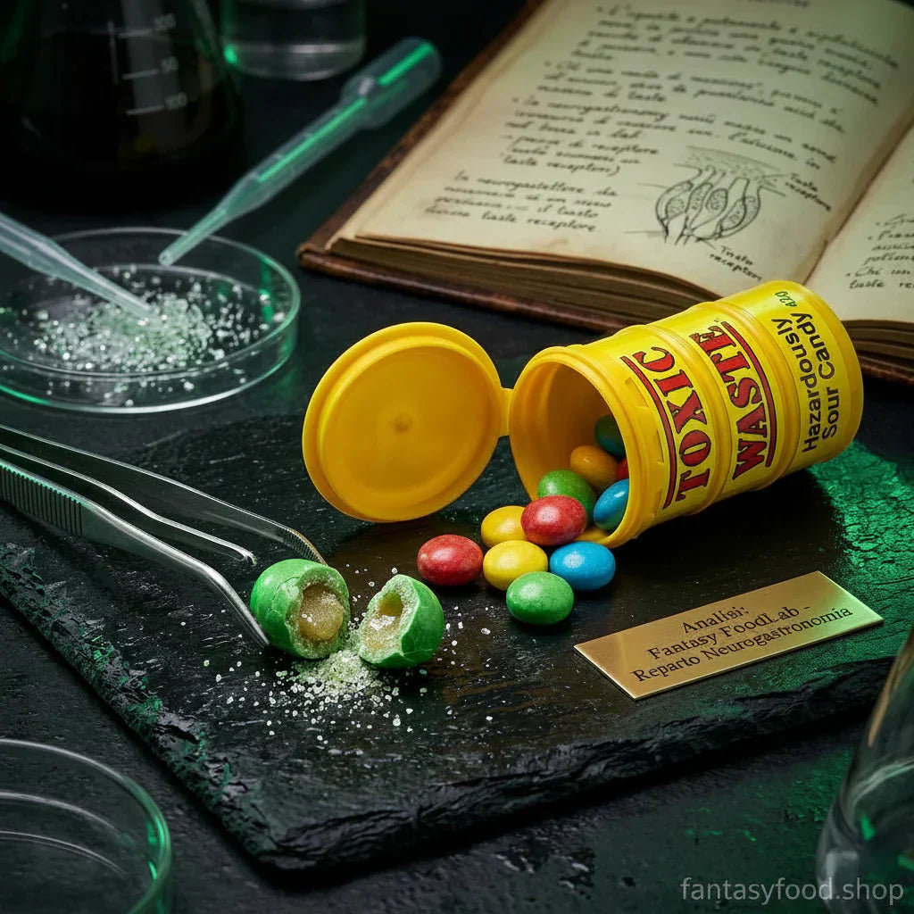 Shop USA - Analisi neurogastronomia Toxic Waste: caramelle acide americane in laboratorio Fantasy FoodLab. Gusto estremo 2026.