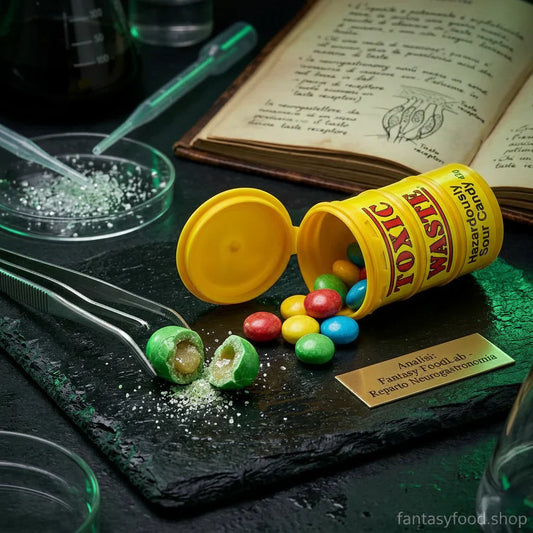Shop USA - Analisi neurogastronomia Toxic Waste: caramelle acide americane in laboratorio Fantasy FoodLab. Gusto estremo 2026.