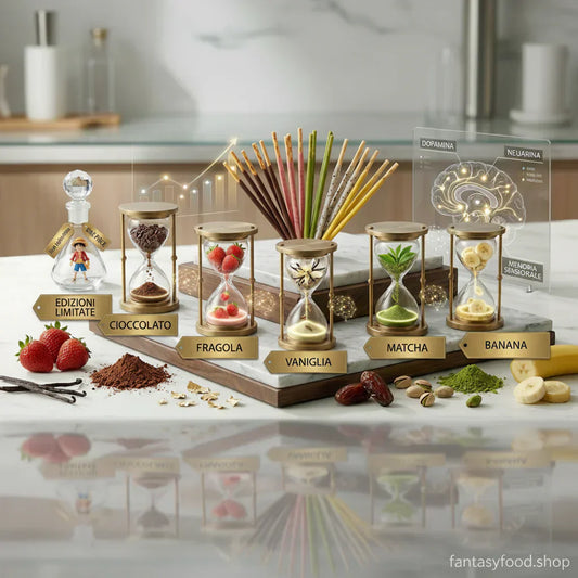 Vetrina gusti Pocky Glico: clessidre dorate con ingredienti reali (Cioccolato, Fragola, Vaniglia, Matcha, Banana) e ampolla 'Edizioni Limitate' con Luffy (One Piece). Analisi sensoriale FoodLab su marmo scuro.