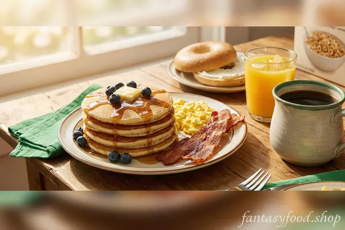 Tavola illuminata dal sole con la tipica colazione americana: pancake con sciroppo d'acero, uova strapazzate, bacon croccante e caffè americano.