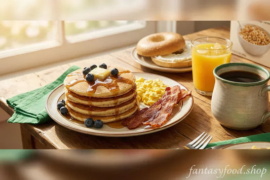 Tavola illuminata dal sole con la tipica colazione americana: pancake con sciroppo d'acero, uova strapazzate, bacon croccante e caffè americano.