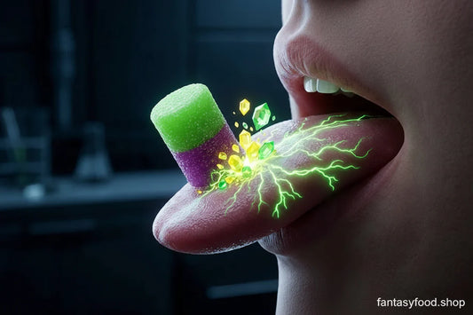 Lingua in laboratorio scuro con fusto metallico 'Toxic Waste'. Cristalli giallo/verdi e impulsi elettrici simulano acidità.