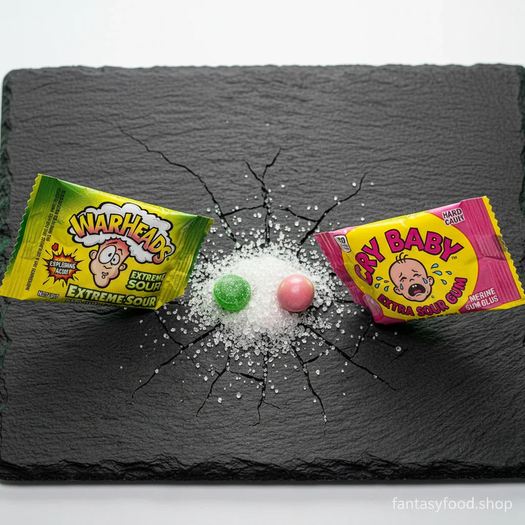 Confronto fotografico hyper-realistico tra pacchetti originali di caramelle Warheads e chewing gum Cry Baby su una superficie di ardesia nera con cristalli di acido puro e crepe realistiche, nel nuovo shop online Fantasy Food Lab.