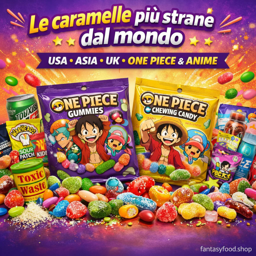 Collezione di caramelle strane e rare importate da USA, Asia e UK con caramelle anime One Piece e snack internazionali Fantasy Food.