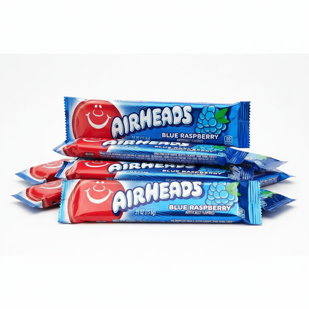 Diverse confezioni di Airheads Blue Raspberry in primo piano, ideale per collezionare, condividere o creare mini pack per contenuti social.