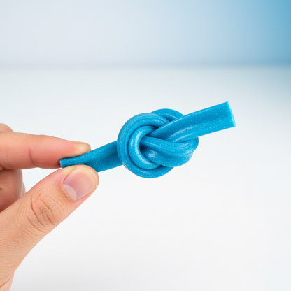 Caramella Airheads Blue Raspberry piegata e arrotolata in mano, mostrando la flessibilità e la possibilità di creare contenuti social.