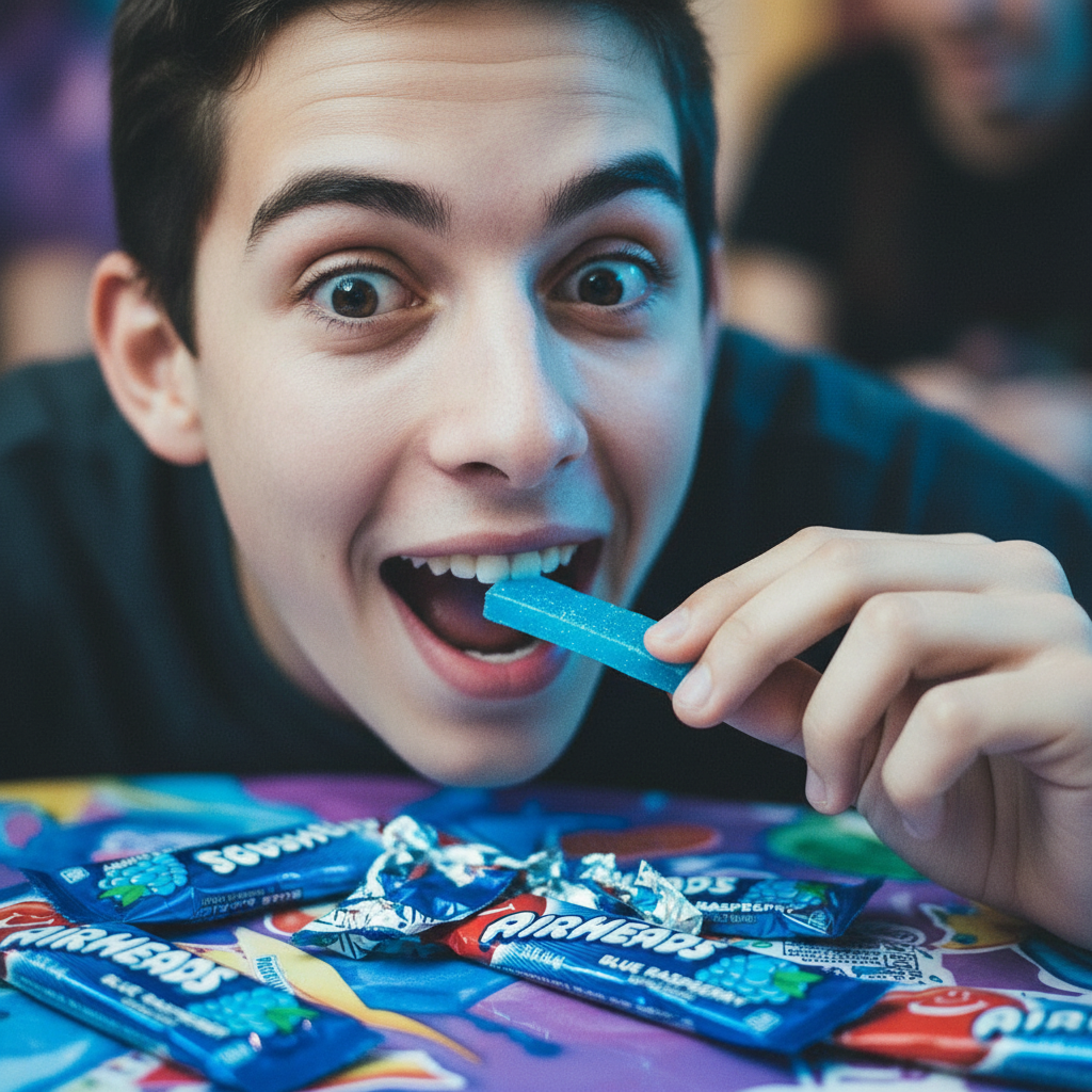 Giovane che assaggia Airheads Blue Raspberry, mostrando l’espressione sorpresa per l’esplosione fruttata tra acidità e dolcezza.