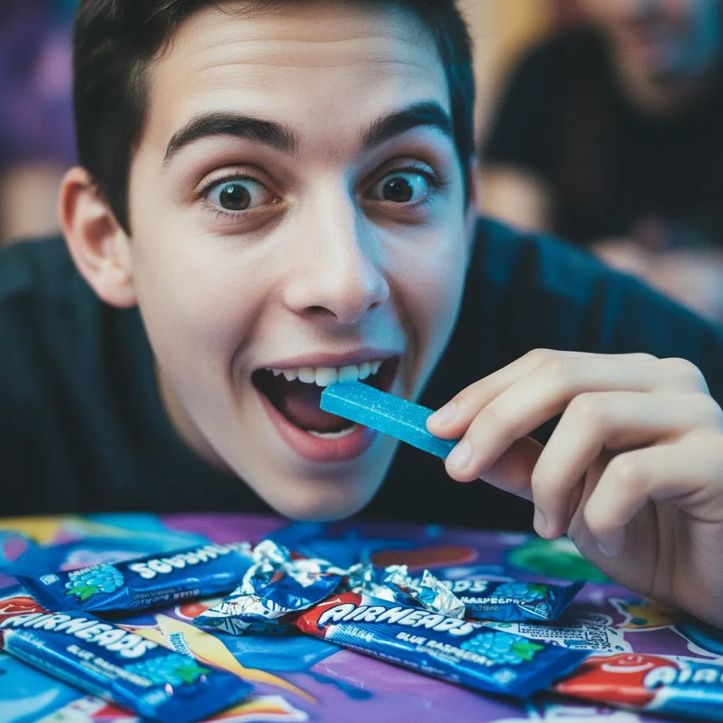 Giovane che assaggia Airheads Blue Raspberry, mostrando l’espressione sorpresa per l’esplosione fruttata tra acidità e dolcezza.
