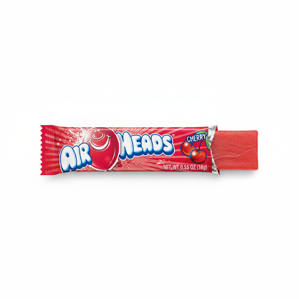 Confezione originale Airheads red cherry aperta, mostrando la caramella sottile, gommosa e pieghevole pronta per essere gustata.