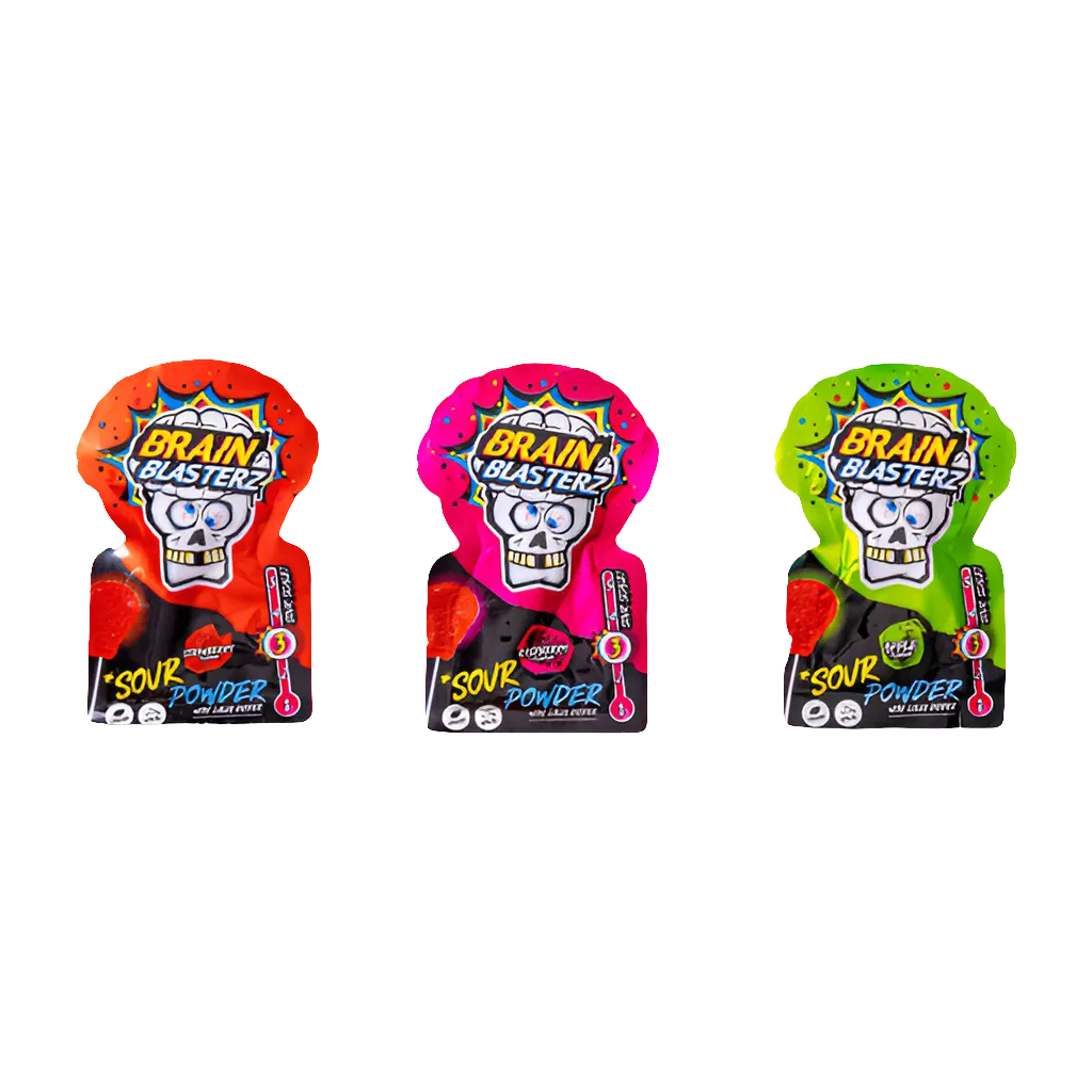 Confezione di caramelle BRAIN BLASTERZ Sour Powder Lolly Dipper. Contiene un lecca lecca (Lollipop) da intingere in una polverina acida (Sour Powder) super aspra, per una sfida ai sensi. Caramella giocosa, divertente e acida, prodotta in Europa.