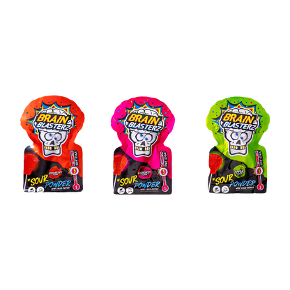 Confezione di caramelle BRAIN BLASTERZ Sour Powder Lolly Dipper. Contiene un lecca lecca (Lollipop) da intingere in una polverina acida (Sour Powder) super aspra, per una sfida ai sensi. Caramella giocosa, divertente e acida, prodotta in Europa.