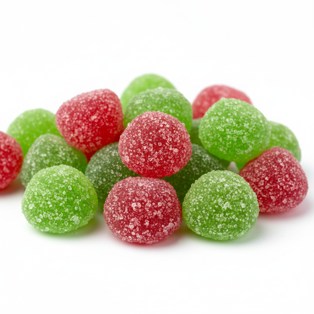 Primo piano delle micro caramelle Brain Blasterz Bitz Mela Verde e Fragola, evidenziando colori vivaci e texture acida-dolce. Perfette per sfide social e momenti di piacere intenso.