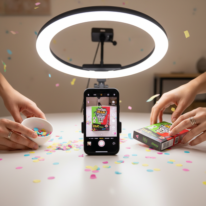 Caramelle Brain Bitz Sour Candy disposte su tavolo con smartphone che registra un video TikTok. Mostra l’uso del prodotto per challenge, contenuti virali e momenti di condivisione.