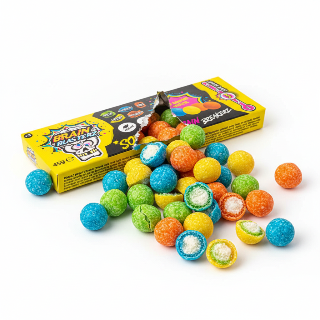 Confezione Brain Blasterz Breakerz aperta, mostrando caramelle dure e gommose con cuore acido, gusti assortiti
