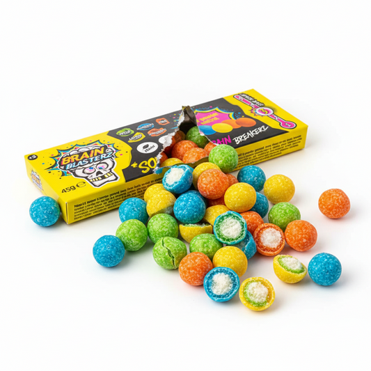 Confezione Brain Blasterz Breakerz aperta, mostrando caramelle dure e gommose con cuore acido, gusti assortiti