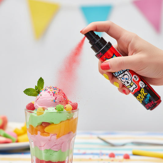 Brain Blasterz Super Sour Spray in azione, gusto Mela & Fragola, spruzzo acido estremo, ideale per challenge e reaction video