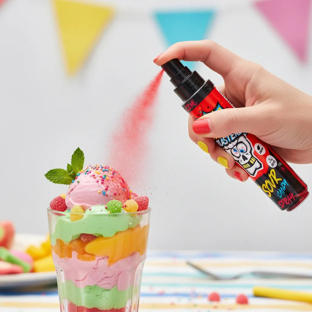 Brain Blasterz Super Sour Spray in azione, gusto Mela & Fragola, spruzzo acido estremo, ideale per challenge e reaction video