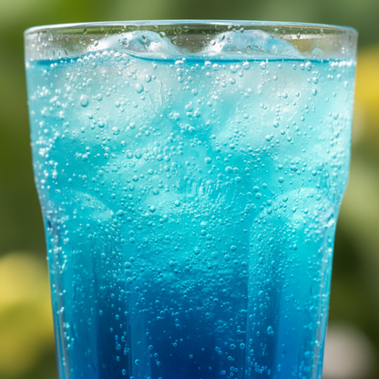 Dettaglio macro della bevanda Fanta Ananas & Pompelmo UK in bicchiere con bollicine visibili e colore intenso, che cattura lo sguardo.